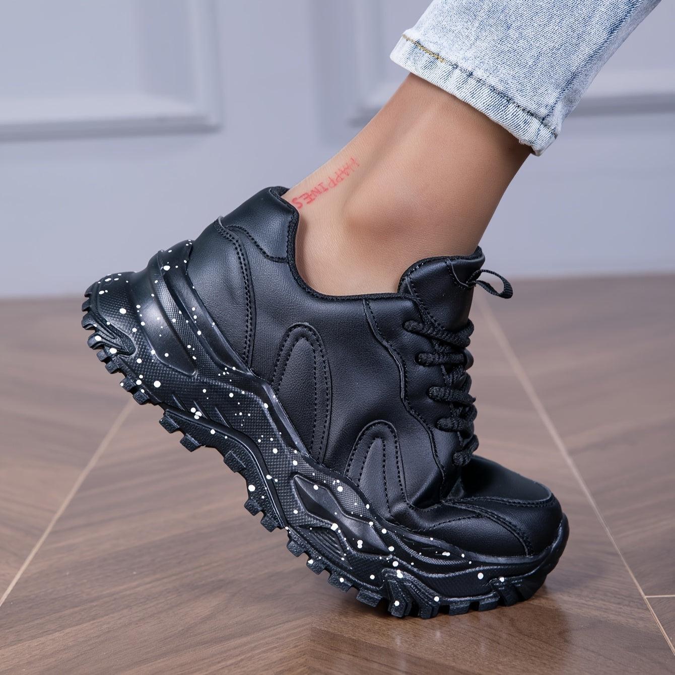 Women's Black Chunky Sneakers - Anti-Slip, Durable Casual Dad Shoes with Glossy Finish & Star Pattern, Lace-Up Low Tops for All Seasons, Allseason Sneakers | Chunky Sole Sneakers | Comfortable Fabric Lining