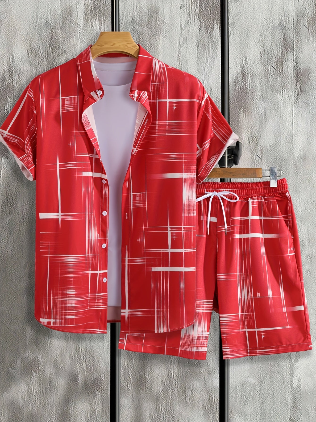 Men'S Stylish Gradient Shirt Set - Brown & White Geometric Pattern, Short Sleeve with Pocket, Loose Fit Shorts, Perfect for Beach, Camping, Fishing & Outdoor Activities, Casual Attire|Geometric Pattern Shirt|Woven Fabri
