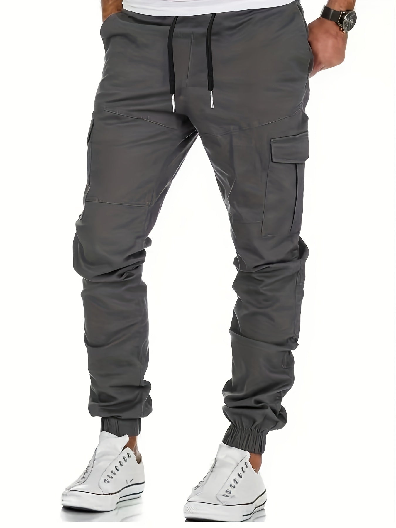 Men's Trendy Solid Footed Cargo Pants With Side Pocket, Comfy Casual Regular Fit Trousers For Men's Outdoor Activities