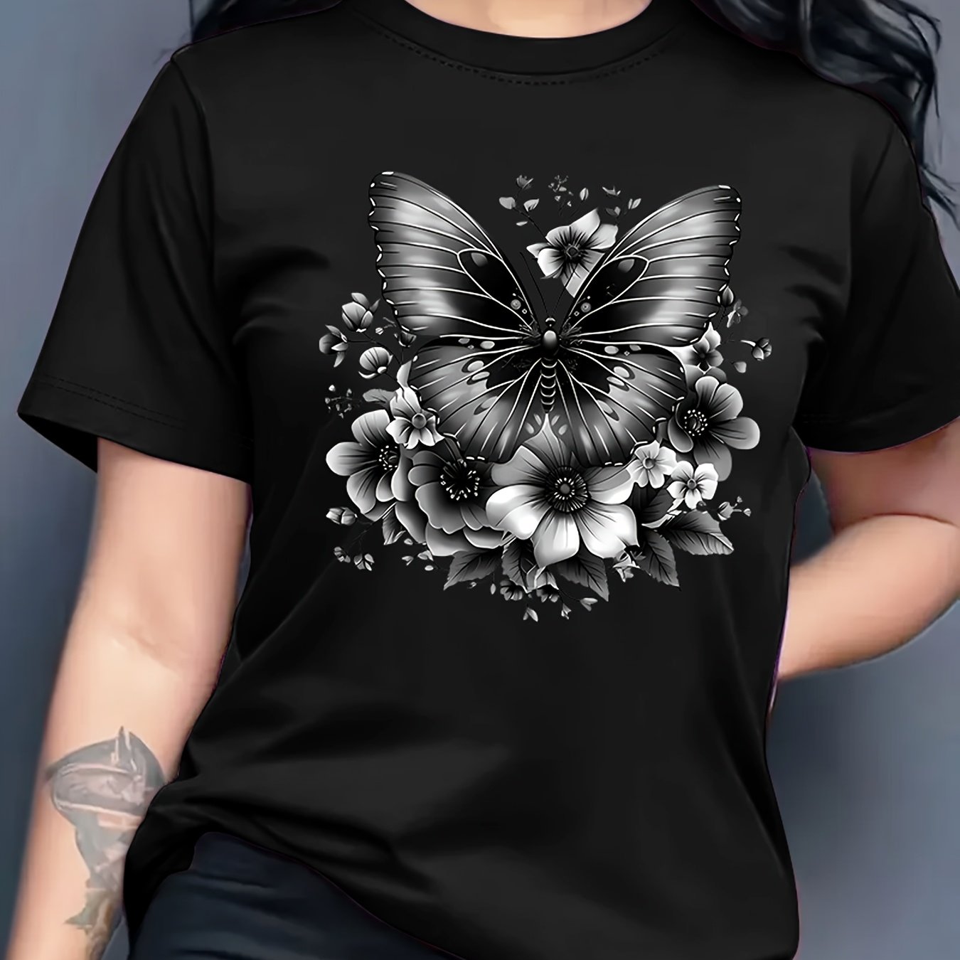 Women'S Floral Butterfly Print T-Shirt, Short Sleeve Crew Neck Casual Top for Spring & Summer, Vibrant Green with White & Blue Flowers, Perfect Birthday or Holiday Gift, Everyday Fashion | Vibrant Casual Top | Glossy Texture