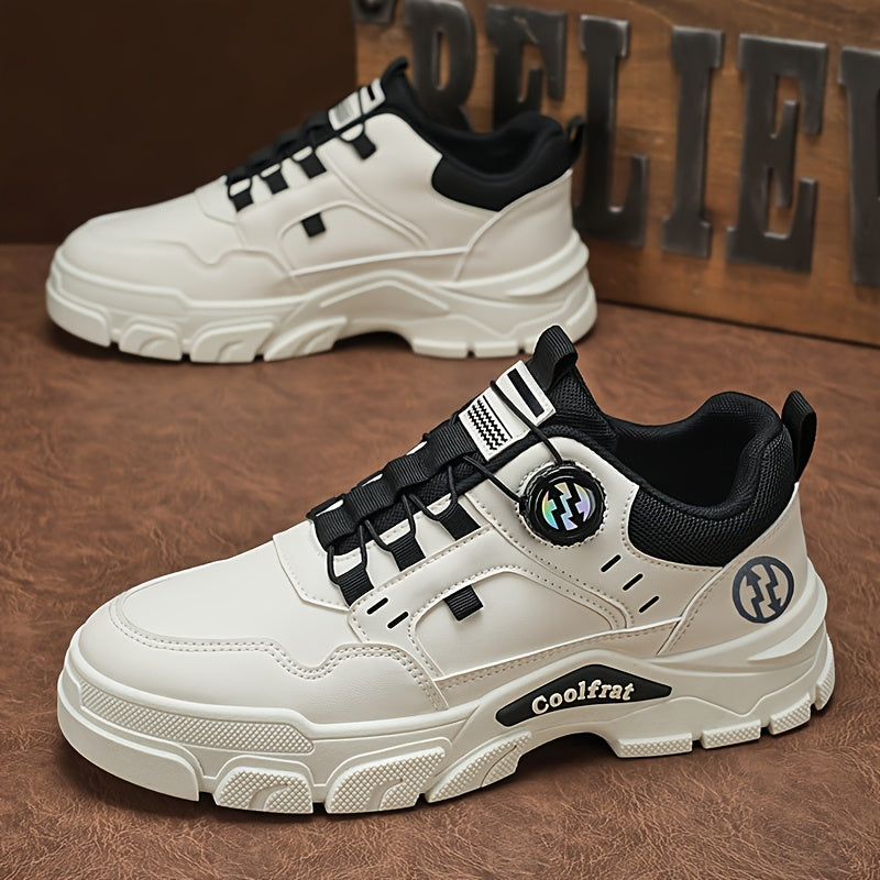 Men's Solid Color Skate Sneakers - Adjustable Rotating Buckle Straps, Slip-Resistant PVC Sole & Durable PU Upper, Low-Top Lace-Up Design for Hiking, Walking, Daily Wear - All-Season Casual Streetwear Shoes, Skate Shoes