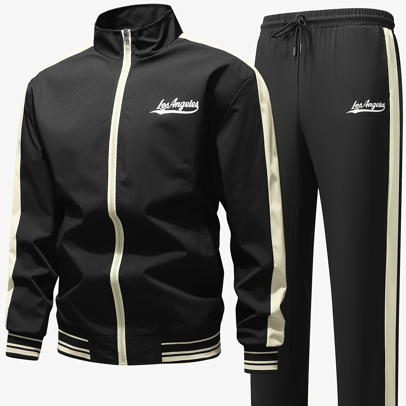 Men's Sports Casual Jacket and Pants Set, Two-Tone Spliced Letter Print Design, Stylish All-Season Trendy Outfit, Preferred by Athletes TZ6062