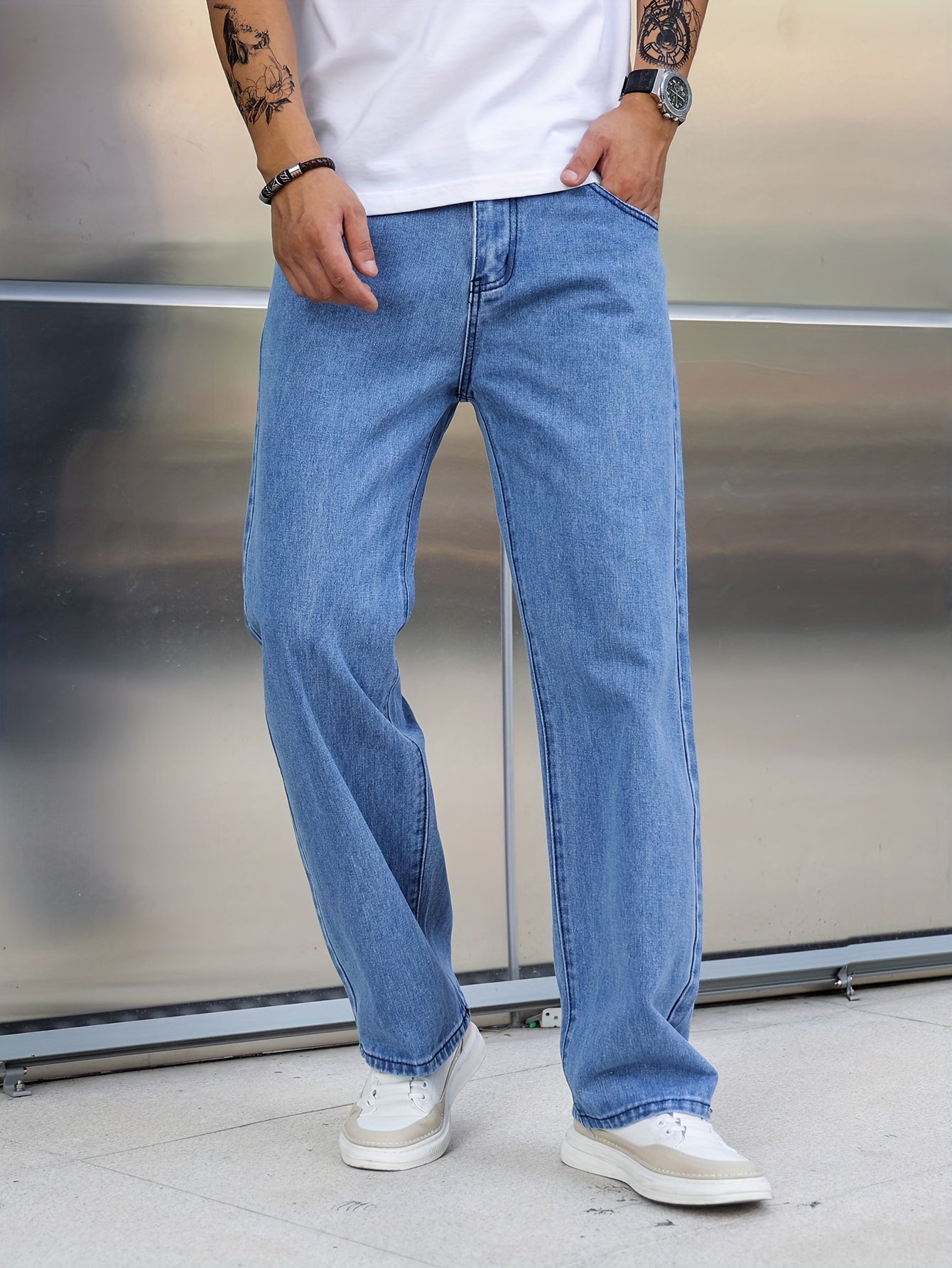 Men's Loose Fit Wide Leg Jeans, Street Style Stretch Casual Pants