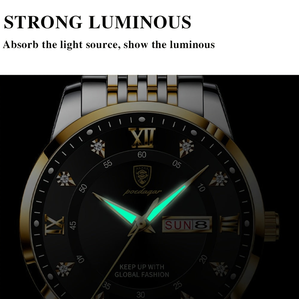 POEDAGAR Elegant Luxury Quartz Watch for Women - Waterproof, Luminous Calendar, Ultra-Thin Movement, Stainless Steel Band, Round Alloy Case, Ideal for Parties and Holidays