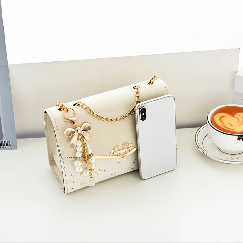 Women's Glitter Crossbody Bag with Accents & Detachable Chain Strap - Small Square Shoulder Bag, Magnetic Closure, Golden-Tone Hardware, White//Red/Black for Casual & Formal Occasions, Crossbody Purse, Versatile Accessory, Ev