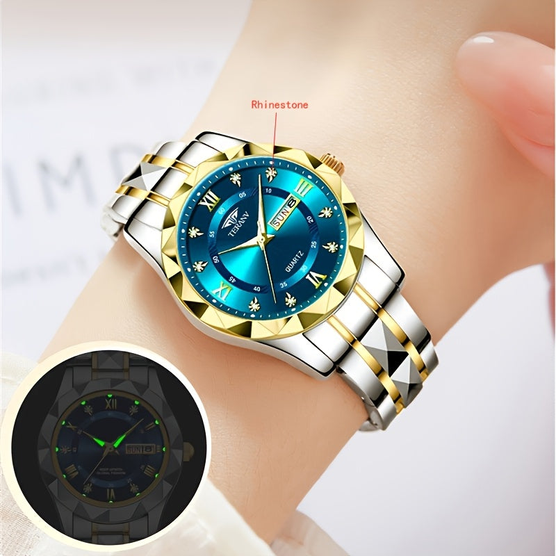 1pc Women's Stainless Steel Watch with Luminous Blue Dial, Date & Day Display, High Quality IPX7, Quartz Movement - Casual Elegant Design for Sports & Travel, Birthday Holiday Gift, Casual Attire, Secure Clasp Wristwatch