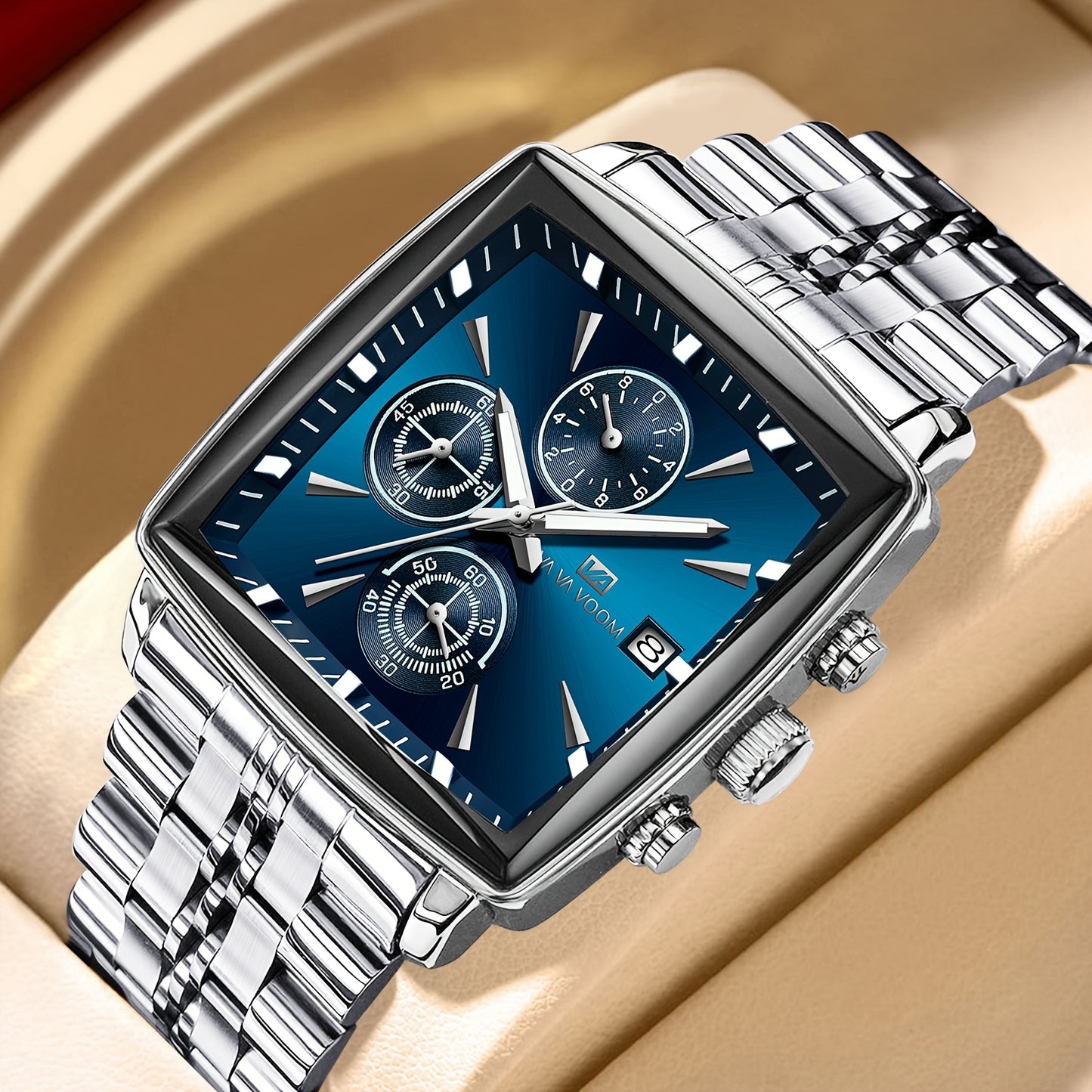 VA VA VOOM Brand New Arrival 1pc Fashionable Golden & Blue & Silveryy & Black Stainless Steel Strap, Oversized Square Dial, Multifunctional Six Needle Three Eyes, with Calendar Window, Luminous Function, High-Quality Fashiona