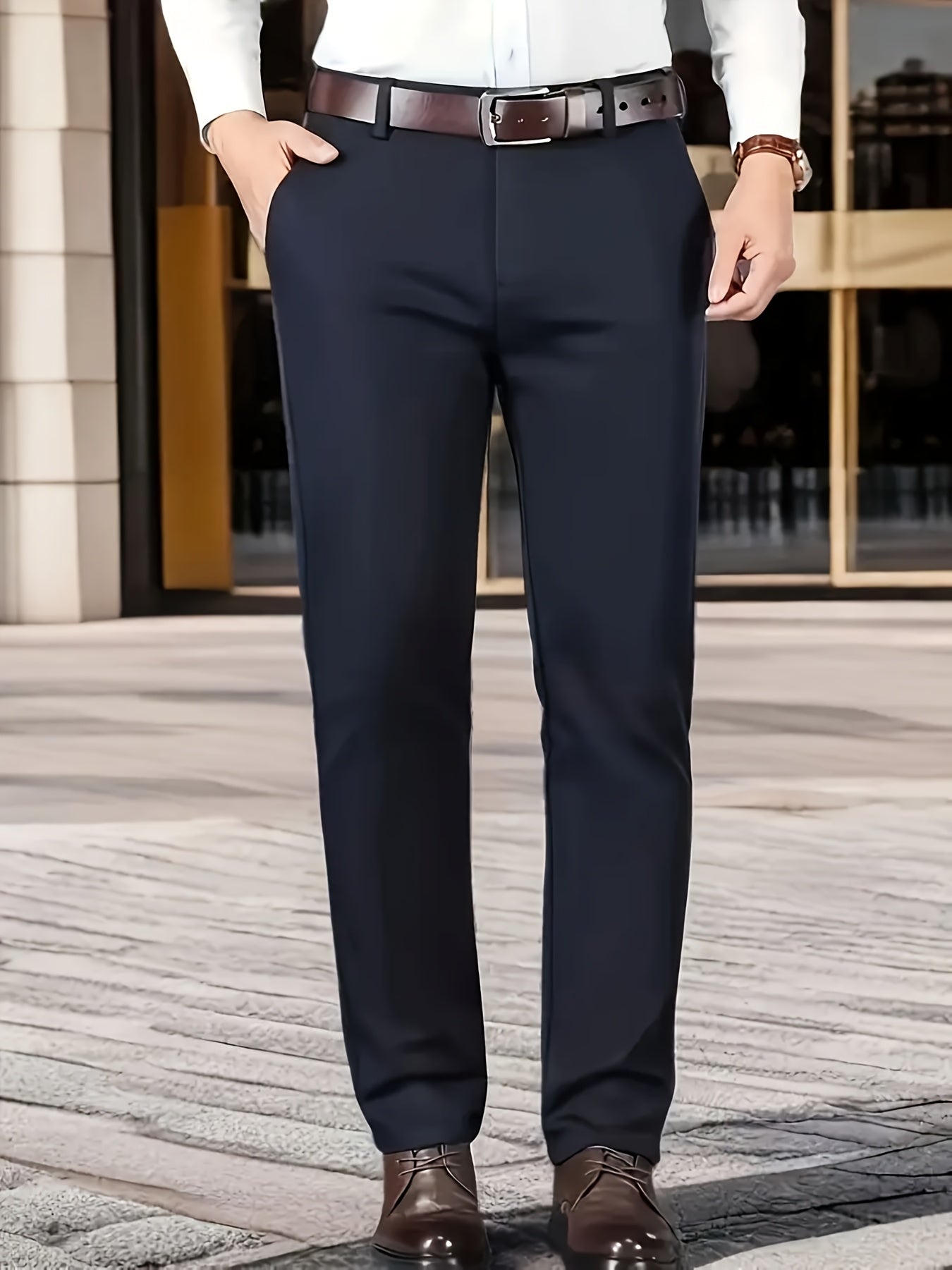 Men's Classic Business Dress Pants, Solid Color Casual Trousers, 100% Polyester, Regular Fit, with Zipper Fly, for Daily Wear and Gifting, All-Season, Allseason Trousers | Notch Lapel Design | Polyester Trousers