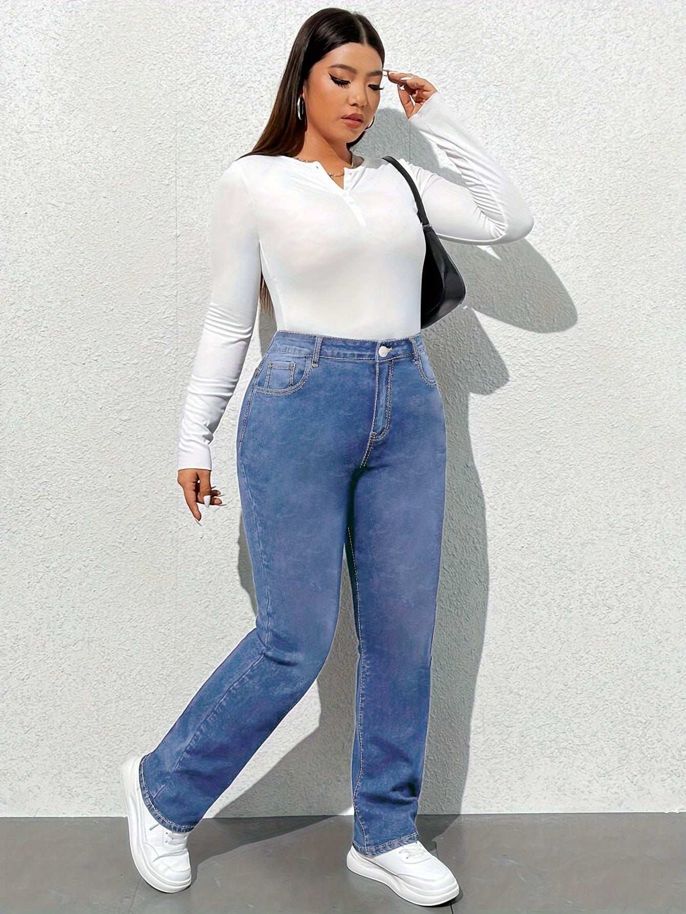 Women's Stretch Straight-Leg Jeans | Elegant Series | Comfortable High-Waist Denim Pants with Built-In Belt and Zip Closure | All-Season Casual Wear | Machine Washable | Multi-Size Available