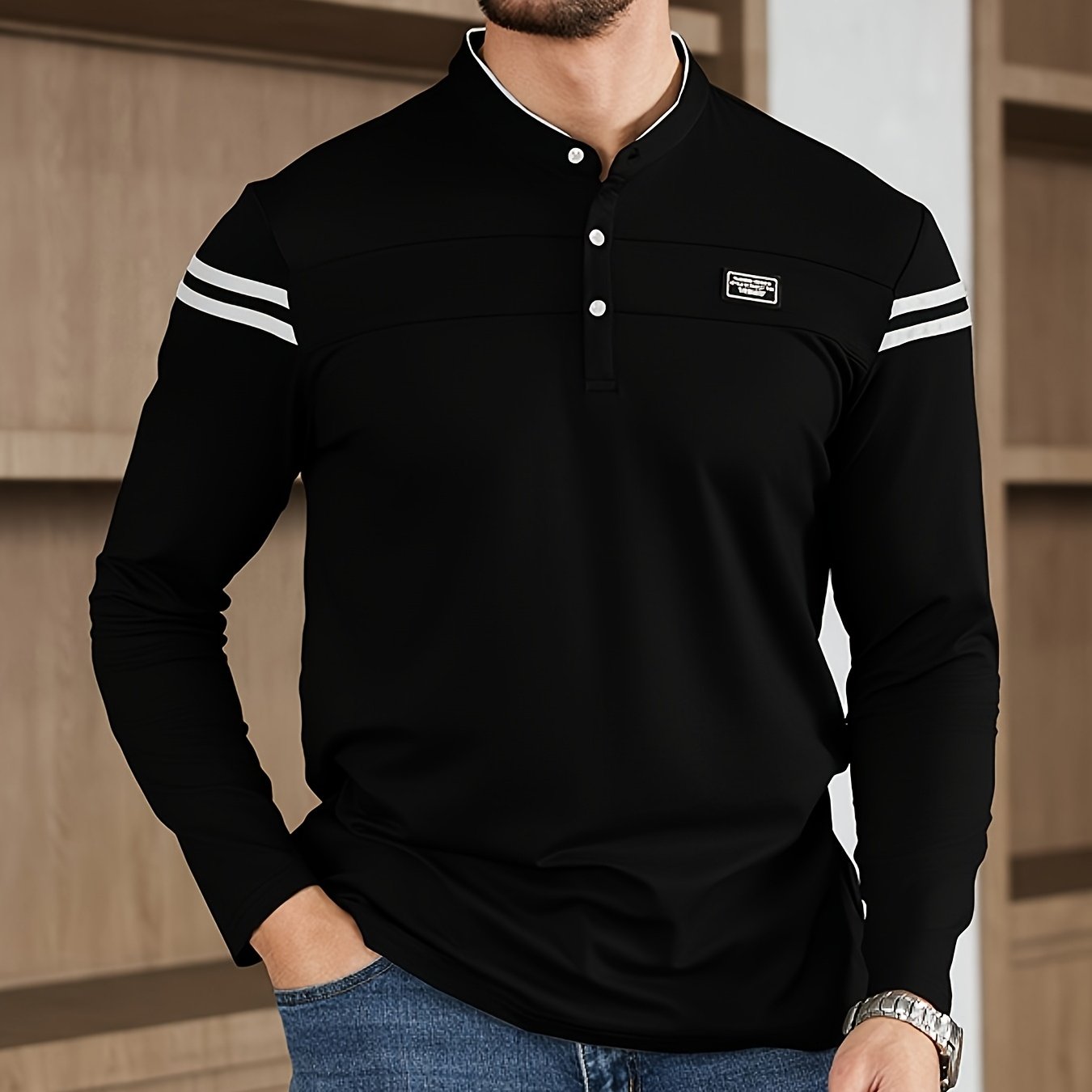 Men'S Casual Long Sleeve T-Shirt - Solid Color with Stand Collar & Stripe Polo, Button-Up Front, Ideal for Outdoor Activities