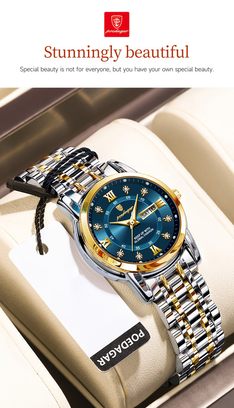 POEDAGAR Elegant Stainless Steel Quartz Watch for Women, Luminous Calendar, Round Alloy Case, Trendy Korean Style, Non-Rechargeable Battery, Watch Accessories