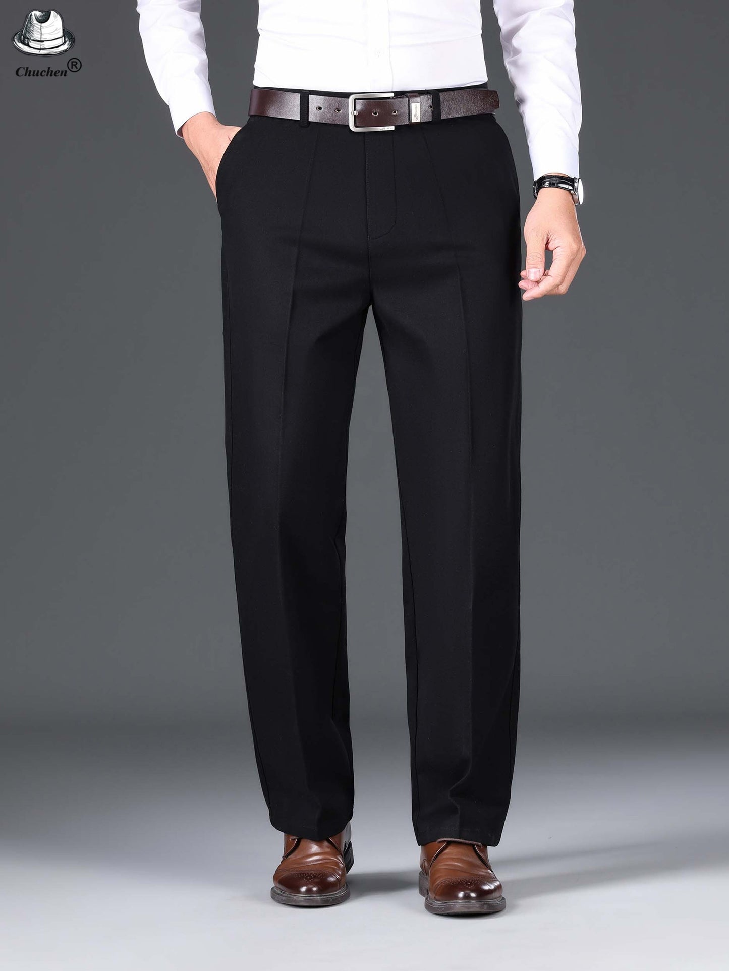 1pc Classic Fit Men'S Dress Pants - 100% Cotton, Solid Color, Non-Stretch, Regular Length, for Autumn/Winter - Business Casual Style