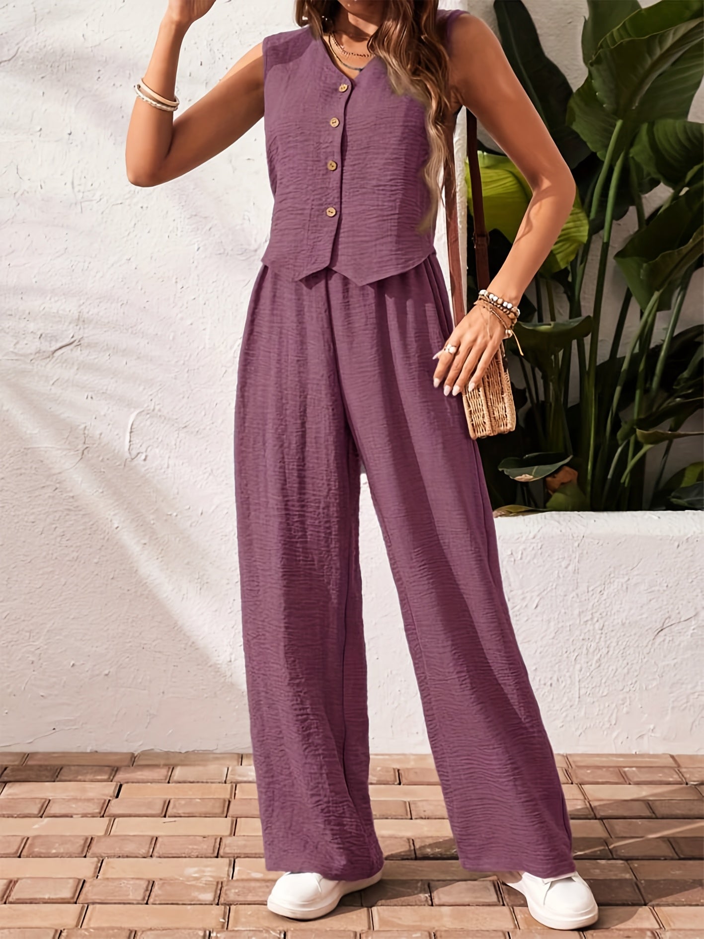 Women'S Elegant Solid Color Sleeveless V-Neck Two-Piece Set - Casual Summer Jumpsuit with Button Placket, Wide Leg Pants, and Beige Wedge Sandals, Casual Attire|Vneck Jumpsuit|Elegant Jumpsuit