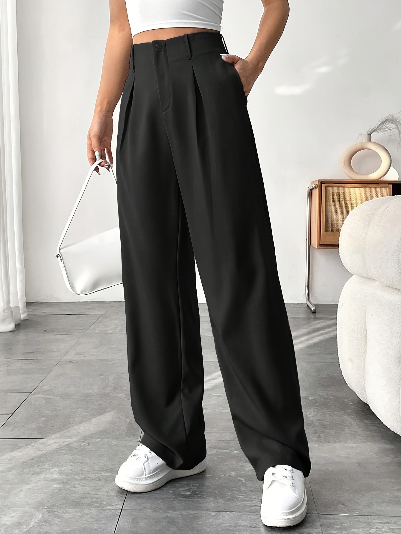 Elegant Style, Women's Elegant Black Straight-Leg Pants with Pockets - High Waist, Polyester Blend, Machine Washable, Ideal for Office and Casual Settings