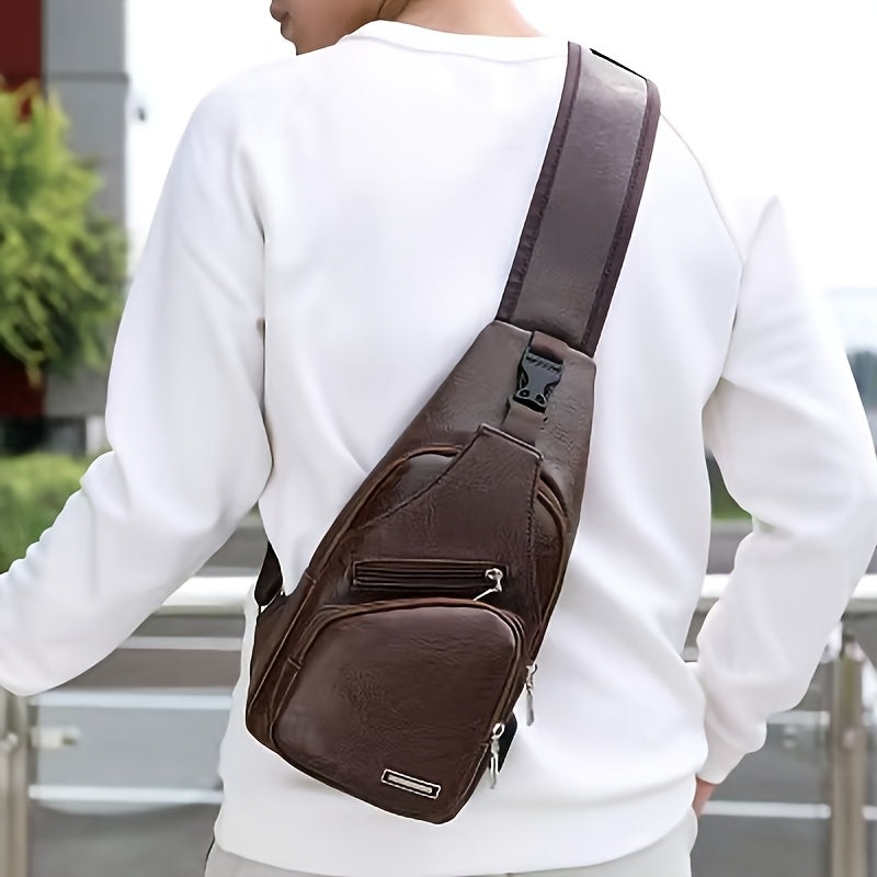 2025 New Men'S Fashion Chest Bag - Soft Faux Leather Anti-Theft Crossbody Bag with Multiple Compartments, Adjustable Strap & Zipper Closure for Gym, Travel, Casual Outings (Brown), Secure Travel Pouch, Textured Finish