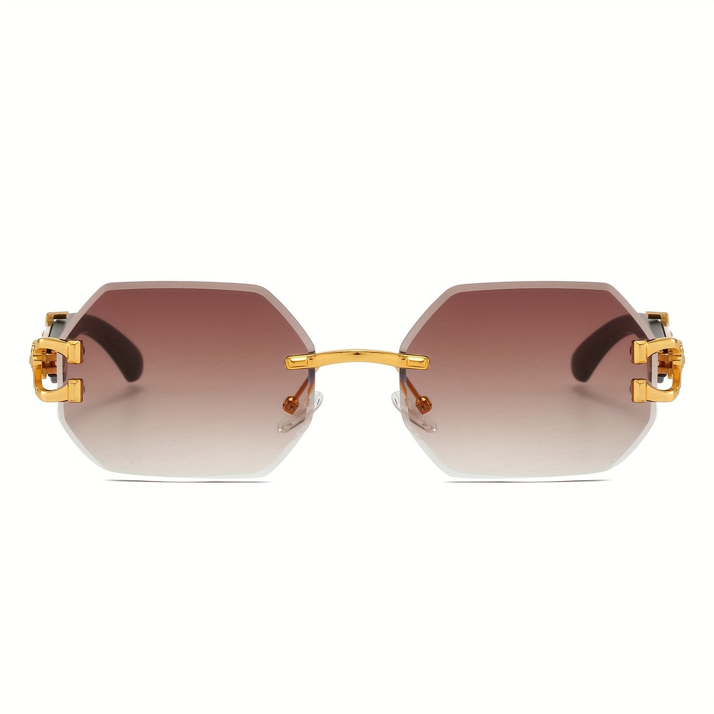 1pc Retro Frameless Glasses for Men & Women, Irregular Shaped PC Lens, Metal Hinge, Climbing Sports, Imitation Wood Grain, Fashionable Decorative Eyewear, Suitable for Daily Wear & Holiday