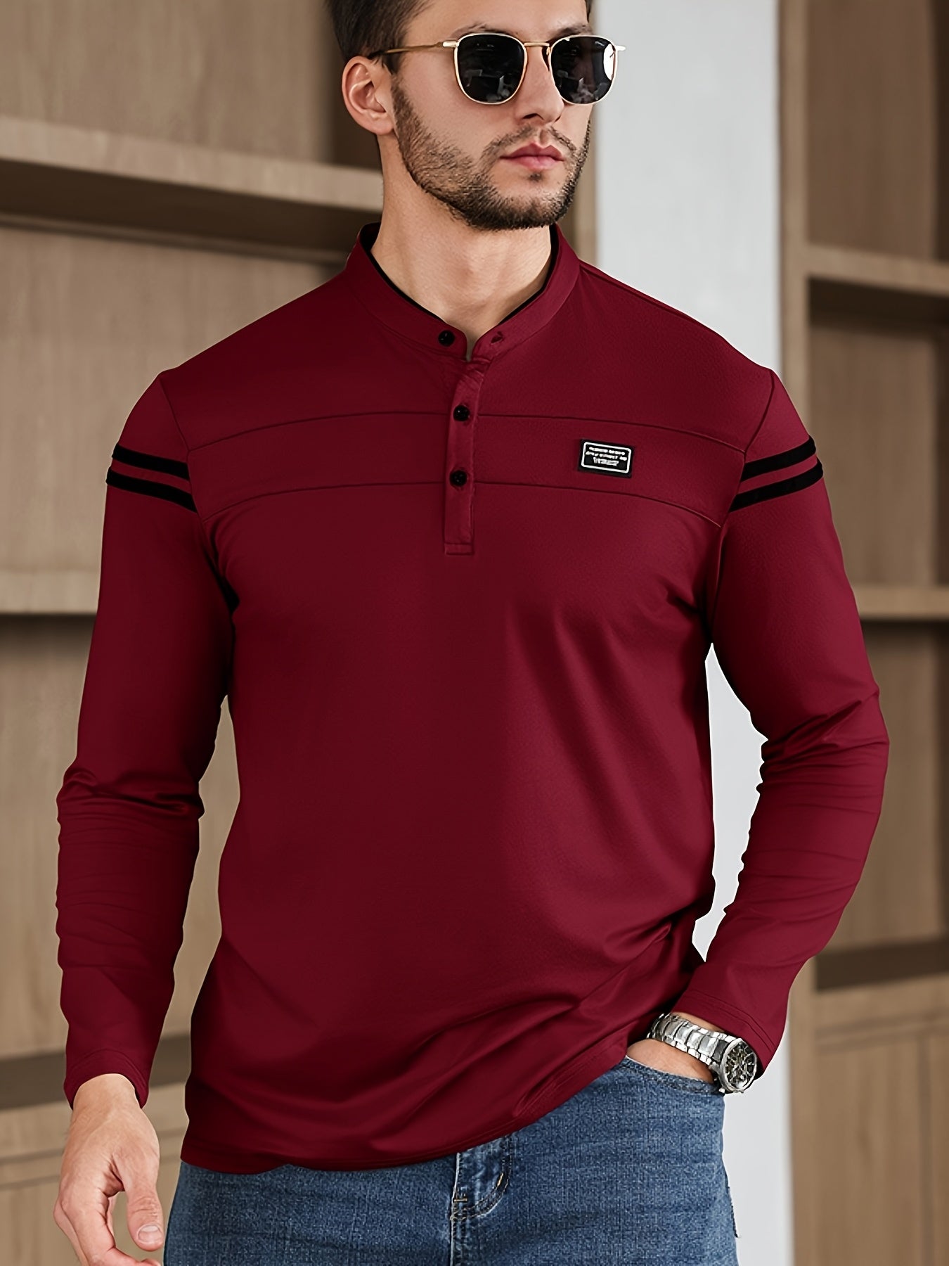 Men'S Casual Long Sleeve T-Shirt - Solid Color with Stand Collar & Stripe Polo, Button-Up Front, Ideal for Outdoor Activities