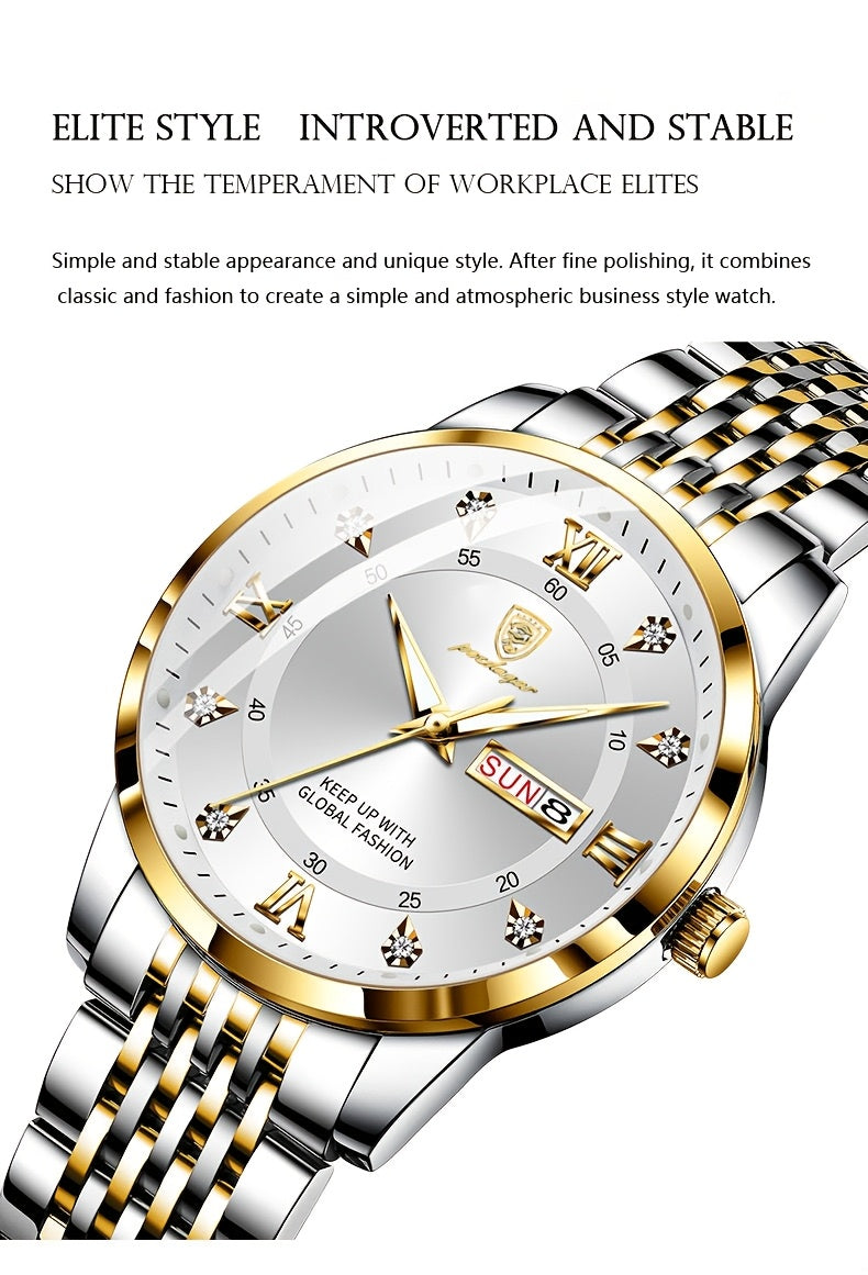 POEDAGAR Classic Men'S Stainless Steel Quartz Watch, IPX8 Luminous Weekly Calendar Watch for Men, Perfect Gift Option, Suitable for Women