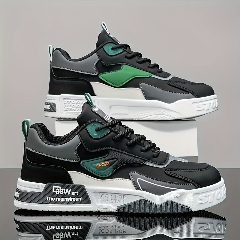 Men's Low-Top Skate Sneakers - Black with Teal Accents, PU Upper & PVC Sole, Slip-Resistant Comfortable Lace-Up Shoes for Urban Streetwear, Outdoor Sports, All-Season Casual Wear, Skate Shoes, Modern Street Style, Durable Fab