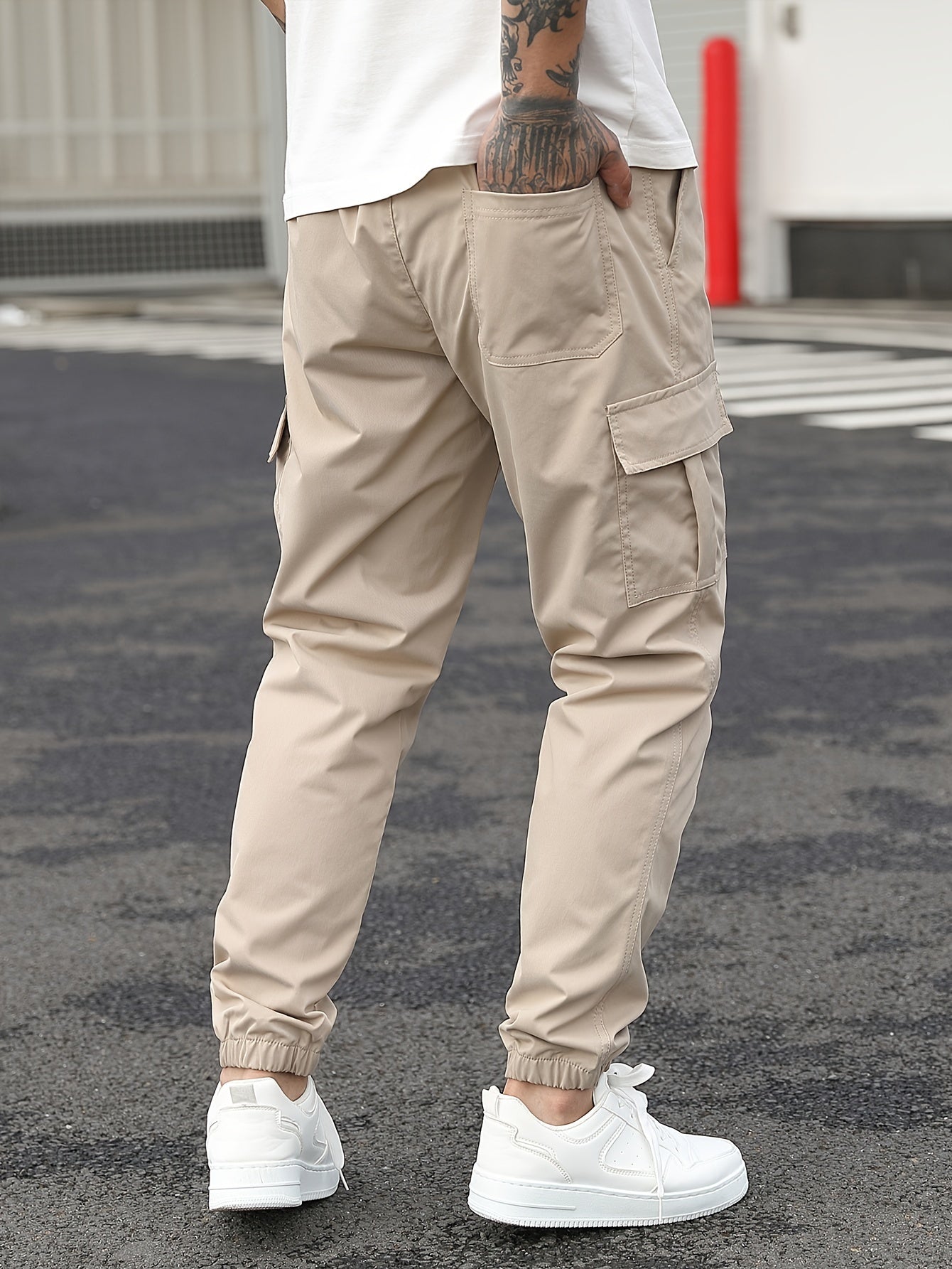 1pc Men'S Casual Polyester Cargo Pants - Mid Waist Elastic Joggers with Multiple Pockets, Non-Stretch Solid Color, Regular Fit for Weekend Wear - Spring/Fall Fashion Trousers