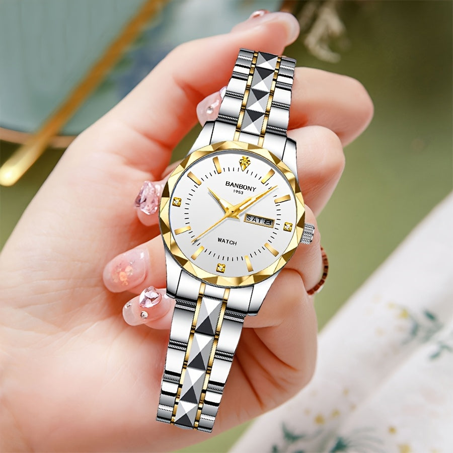 1pc BANBONY Women's Stainless Steel Quartz Watch with Rhinestone Accents, Scratch-Resistant Luminous Dial, IPX7 Waterproof, Week Calendar Display, Blue Dial & Golden-Tone Case - Luxury Casual Sports Watch for Birthdays, Holid