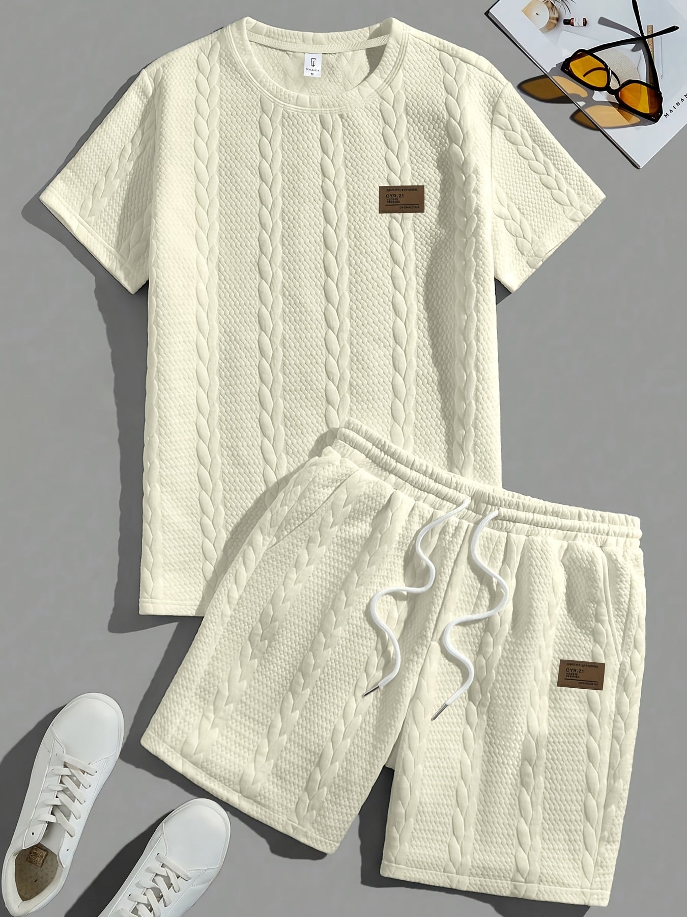Casual Crew Neck Short Sleeve T-Shirt & Drawstring Shorts - Brown, Summer Outfit