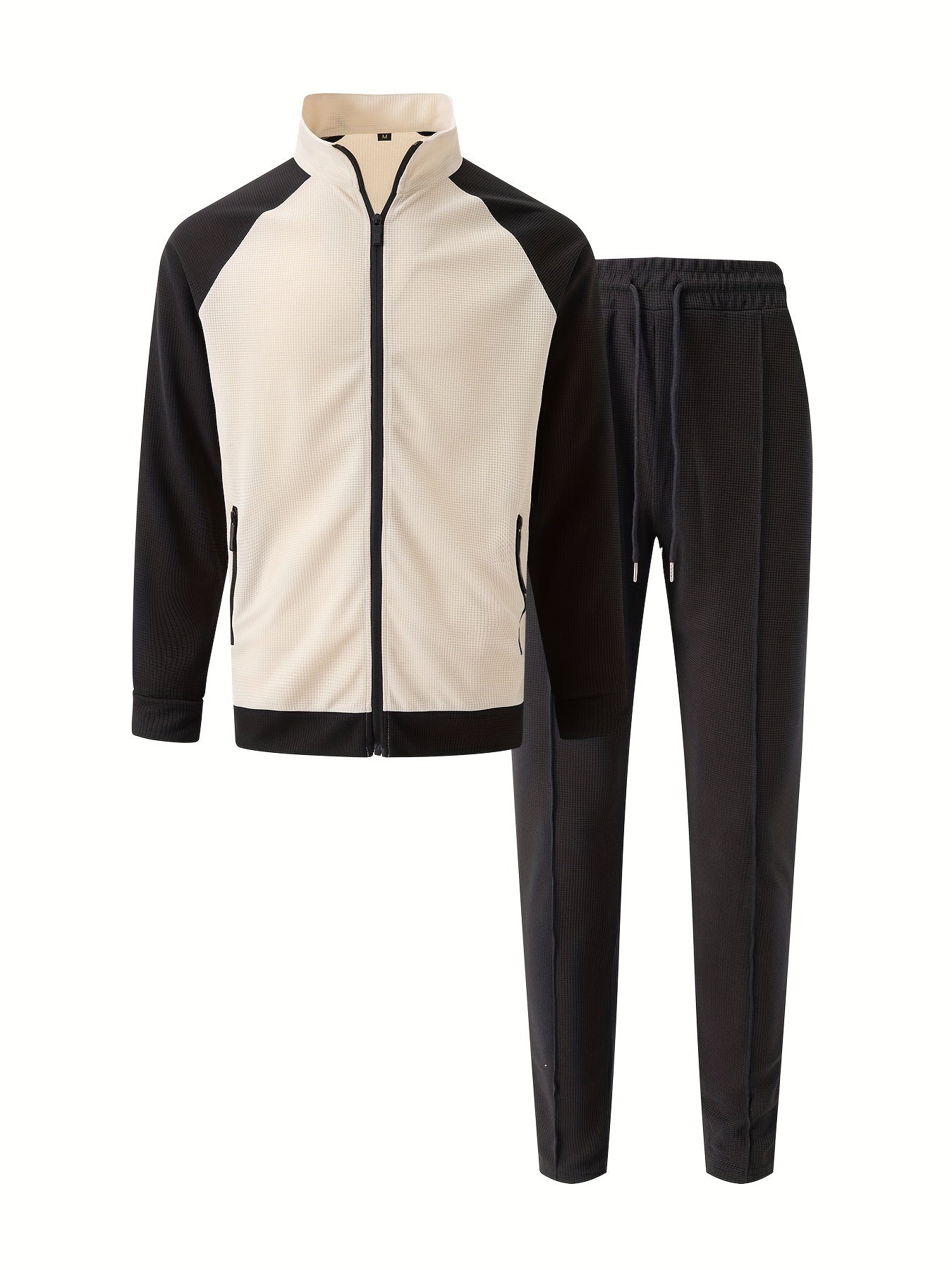 Men's Sporty Color Block Zip-Up Jacket & Joggers Set - Polyester Blend, Perfect for Spring/Fall