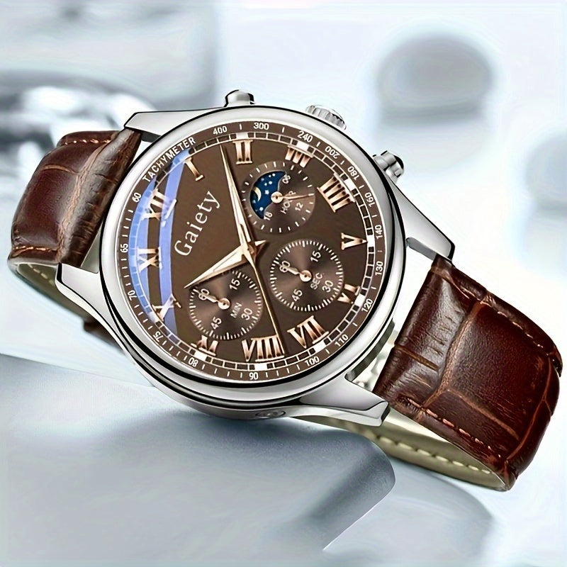 1pc GAIETY Men'S Luxury Quartz Watch with Matching Faux Leather Belt, Round Alloy Case, Non-Rechargeable Battery - Fashion Business Sport Watch Combo