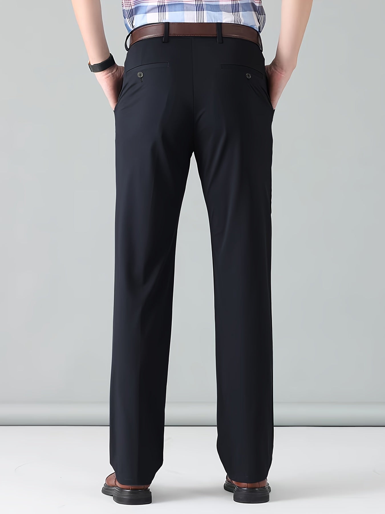 Men's Classic Straight Fit Pants - Lightweight Polyester Blend, High Waist, Button Closure, Suitable for Year-Round Wear