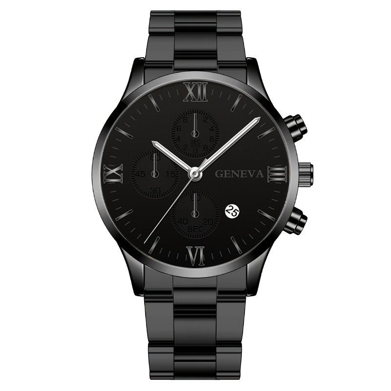 1pc Men's Stylish Black Quartz Watch with Stainless Steel Band - Elegant Roman Numerals, Date Display, and Golden Accents - Perfect Gift for Christmas, Thanksgiving, Valentine's Day - Ideal for Him or Family, Date Feature Wat