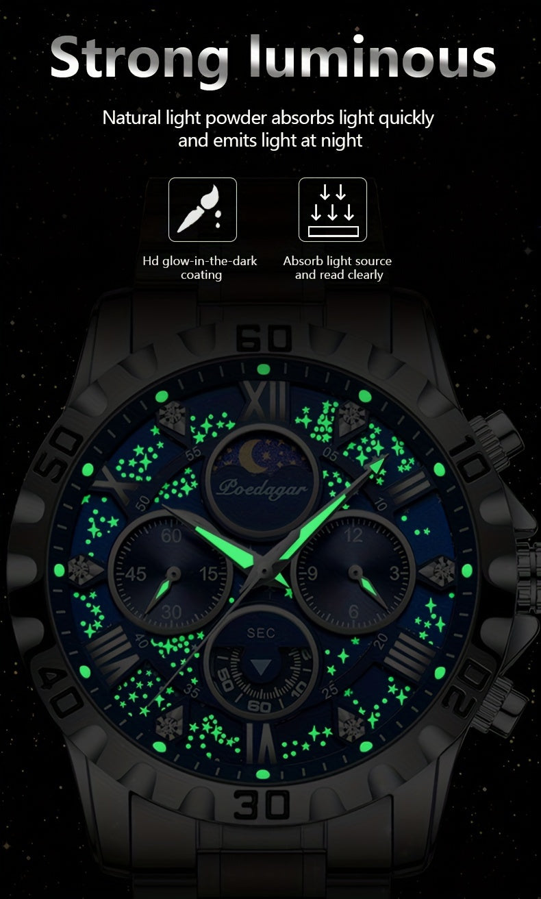 POEDAGAR Men'S Luxury Stainless Steel Quartz Watch with Moon Phase and Calendar - Waterproof, Night-Glow Hands, and Detailed Dial for Business and Formal Attire, Formal Watch | Detailed Watch Face | Quartz Movement