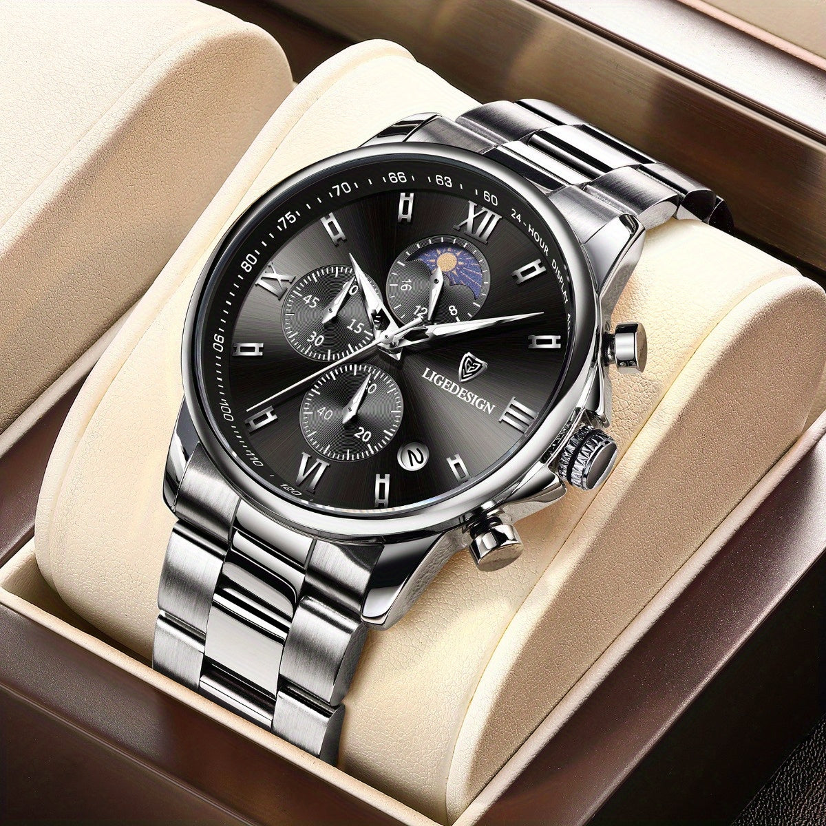 LIGE Black Blue Quartz Watch with Calendar, Exquisite & Simple Dial Stainless Steel Strap Multiple Colors High-quality Wrist Watch