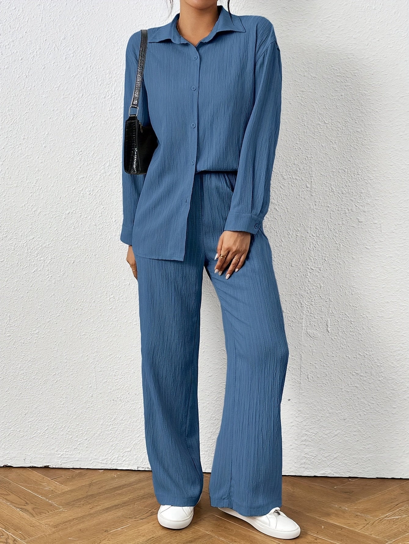 2pcs Women Spring & Autumn Casual Solid Color Long Sleeve Shirt And Pants Set