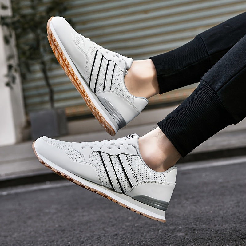 Men's Trendy Sneakers Solid Striped Running Shoes Low Top Lace Up Non Slip Comfy For Jogging Workout Outdoor Casual Activities All Seasons