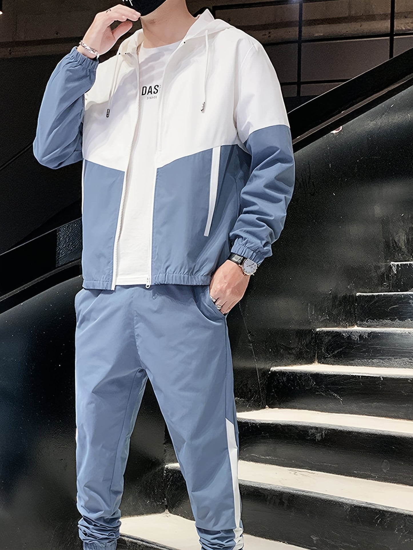 Men's Spring Autumn Outdoor Sports Training Casual Color Block Stitched Hoodie Adjustable Set Home Top and Pants Fashionable Windproof Jacket Pants Two-Piece Suit