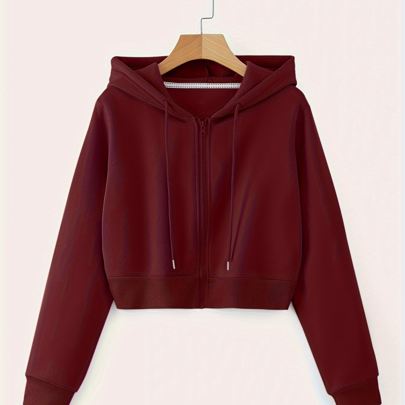 Zip Up Cropped Drawstring Hoodie, Casual Long Sleeve Sweatshirt For Spring & Fall, Women's Clothing