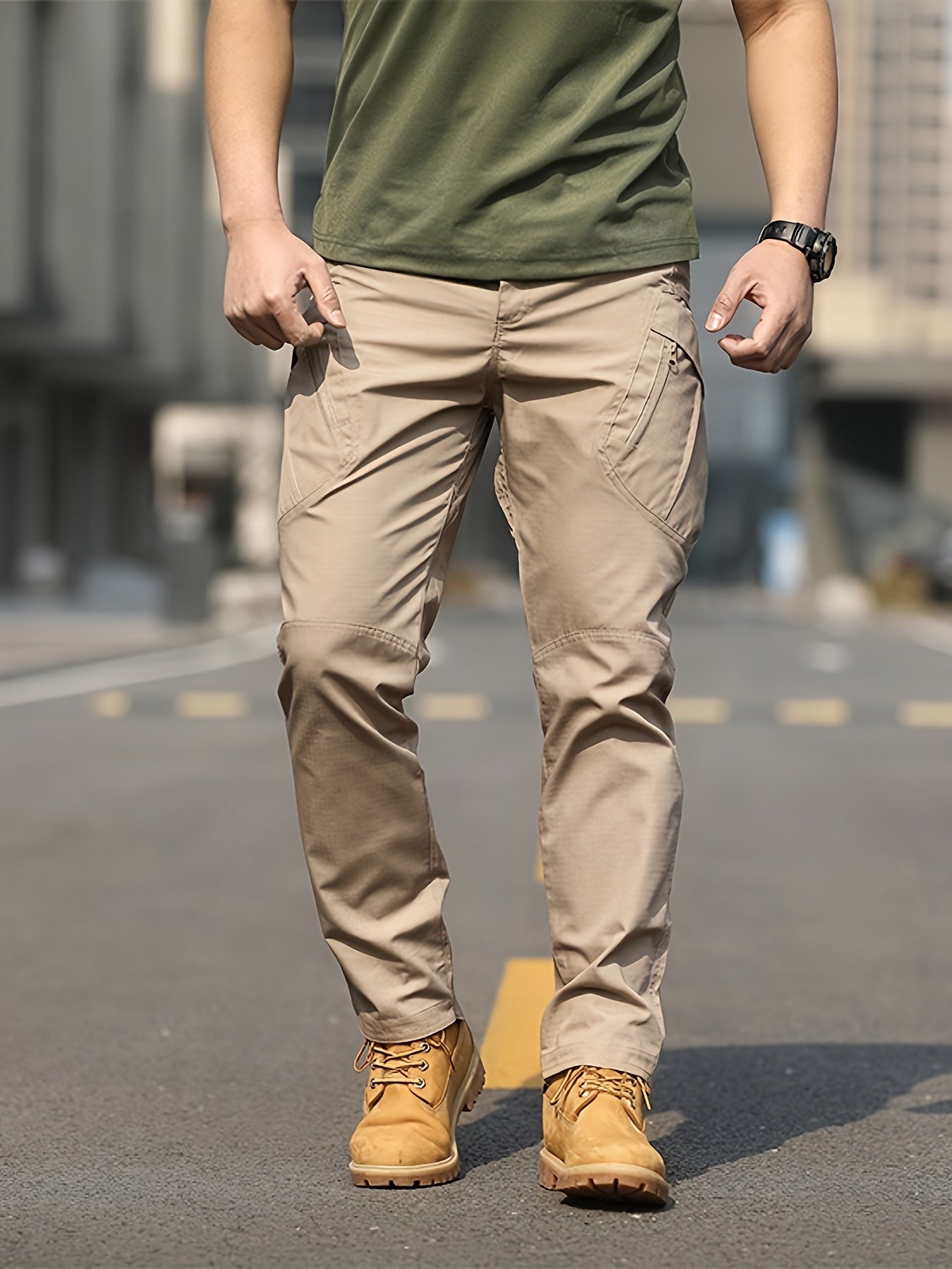 Men's Olive Green Tactical Cargo Pants - Durable Polyester, Multi-Pocket Design for Hiking & Outdoor Adventures, Machine Washable, Camping Gear