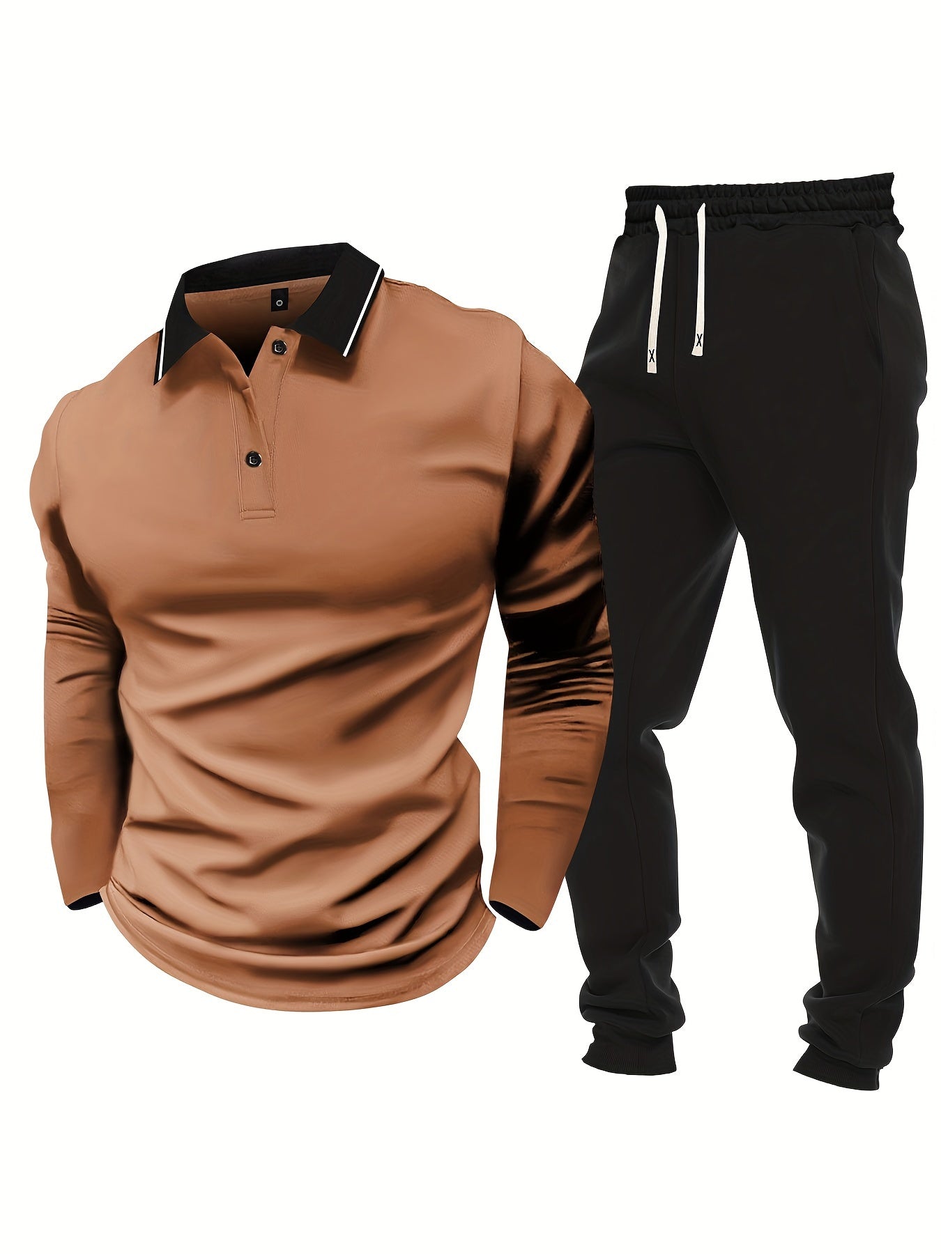 Men's Casual Color-Block Long Sleeve Button-Up Shirt & Drawstring Joggers Set - Polyester Blend, Pockets Included, Perfect for Spring/Fall