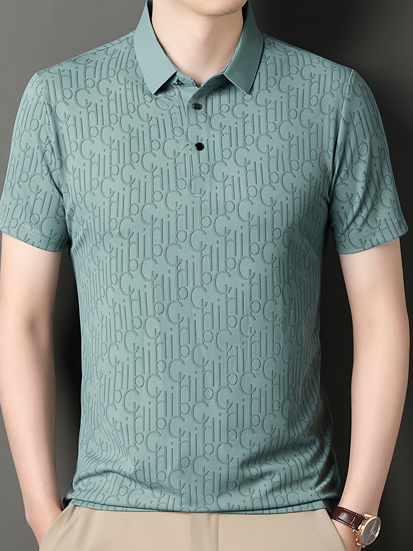 Men'S Casual Summer Short Sleeve T-Shirt with "Gil" Letter Print, Light Gray, Button-Up Collar, Medium Stretch Fabric, Regular Fit, Perfect for Weekend Outings, Relaxed Outing Shirt | Letter Print Tee | Medium Stretch Fabric