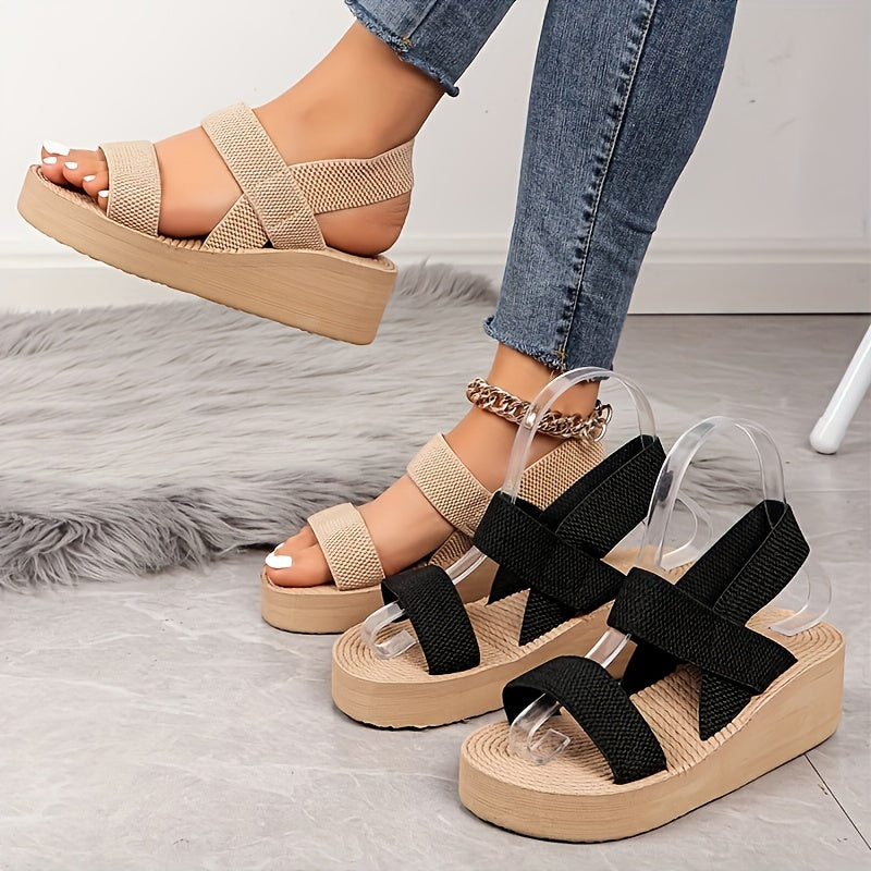 Serene Walk, Women's Summer Wedge Sandals - Comfortable Slip-On Beach Shoes with Elastic Ankle Straps, Round Toe Design, EVA Sole