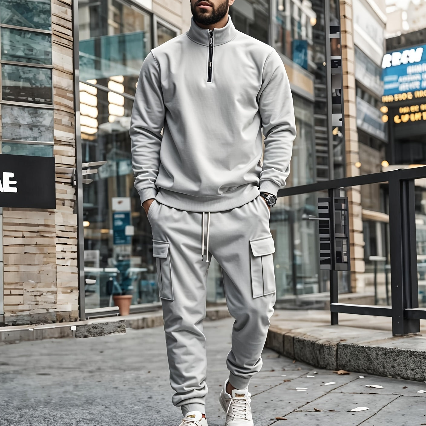 Versatile Ensemble, Men's Casual 2pcs Set: Heavyweight Zip-Up High Neck Sweatshirt & Pocketed Work Pants - Solid Color, Plush Fabric for Fall/Winter