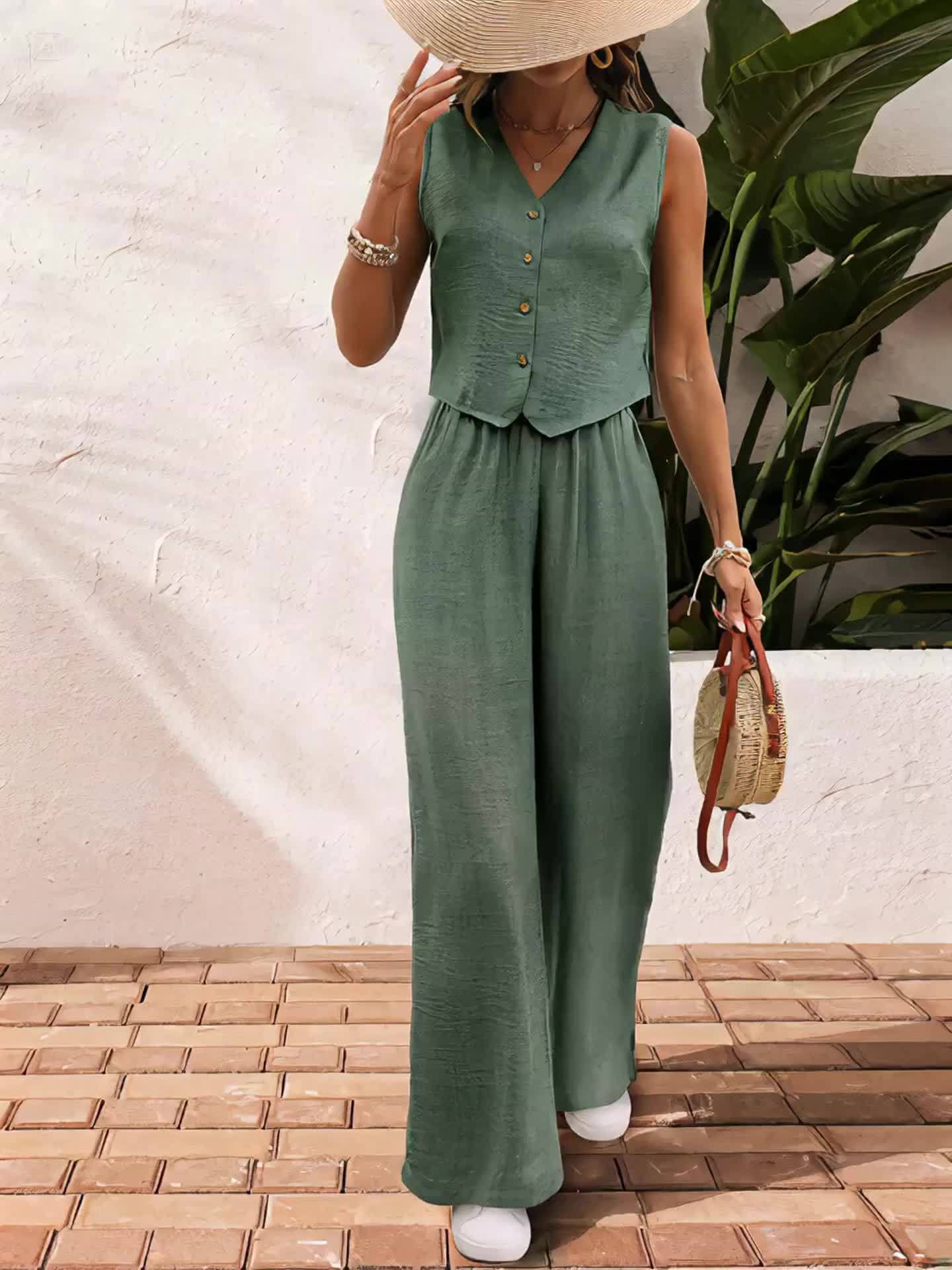 Women'S Elegant Solid Color Sleeveless V-Neck Two-Piece Set - Casual Summer Jumpsuit with Button Placket, Wide Leg Pants, and Beige Wedge Sandals, Casual Attire|Vneck Jumpsuit|Elegant Jumpsuit