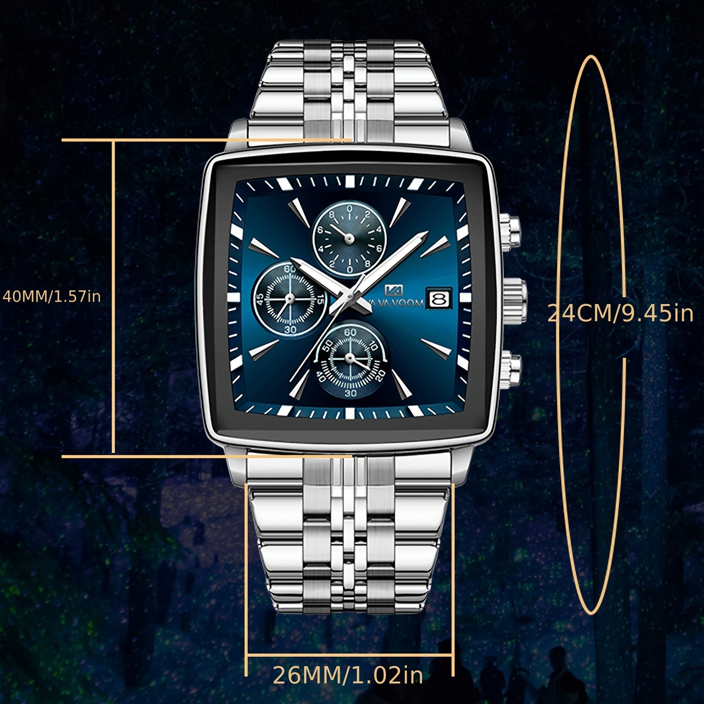VA VA VOOM Brand New Arrival 1pc Fashionable Golden & Blue & Silveryy & Black Stainless Steel Strap, Oversized Square Dial, Multifunctional Six Needle Three Eyes, with Calendar Window, Luminous Function, High-Quality Fashiona