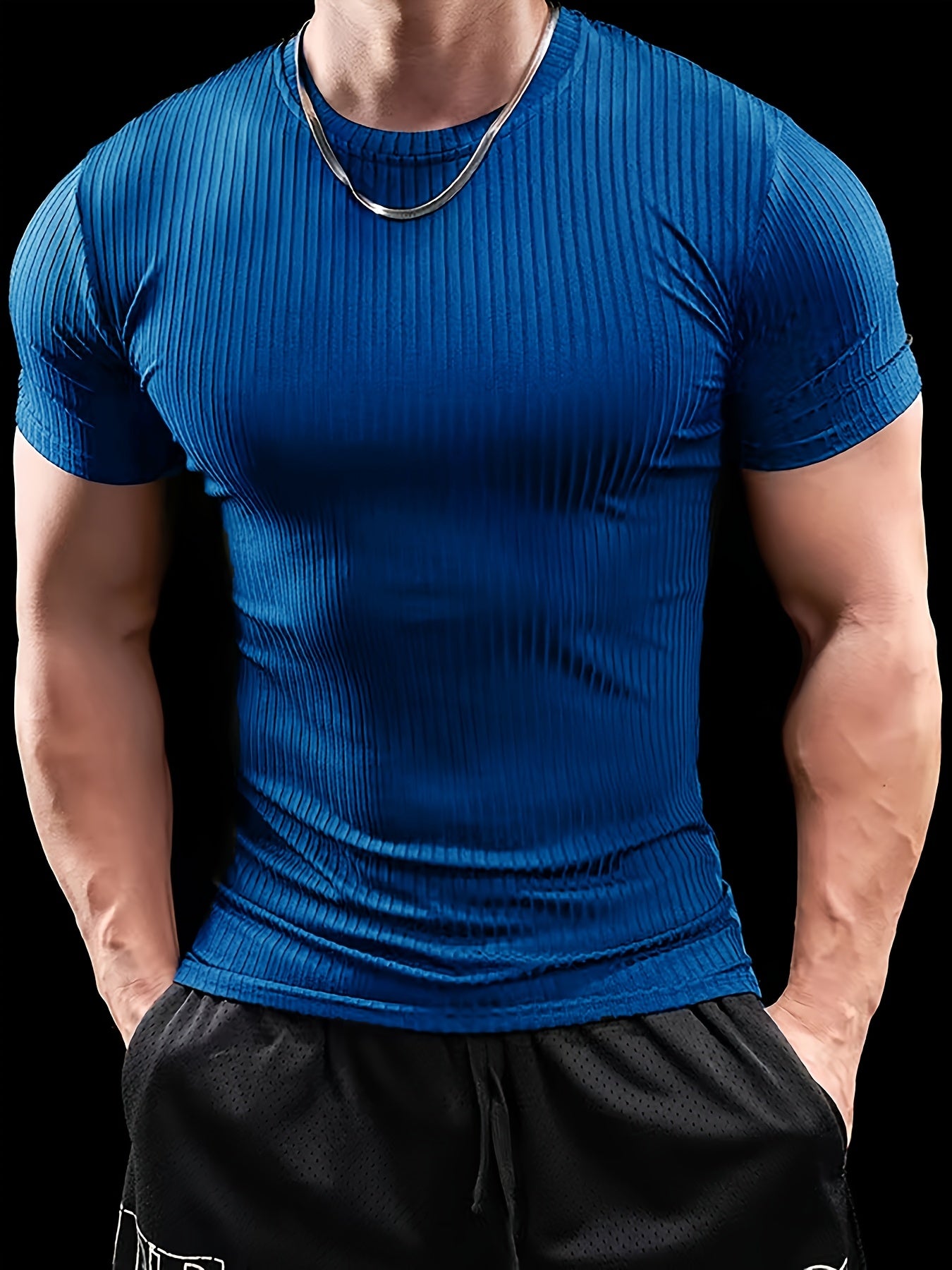 Men's Stretch Fit Short Sleeve T-Shirt - Breathable, Comfortable Polyester Blend, Solid Blue, Crew Neck, Casual & Sporty Style for Spring/Summer
