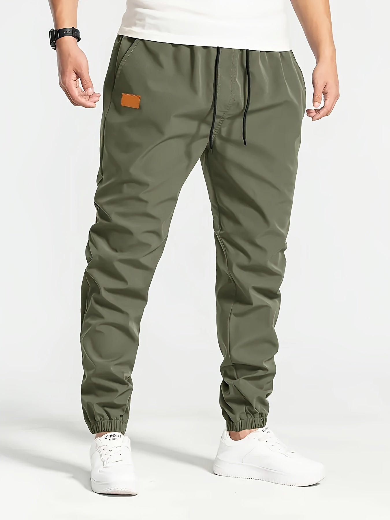 Men's Solid Color Drawstring Cargo Pants - Casual, Loose Fit with Multiple Pockets, Machine Washable