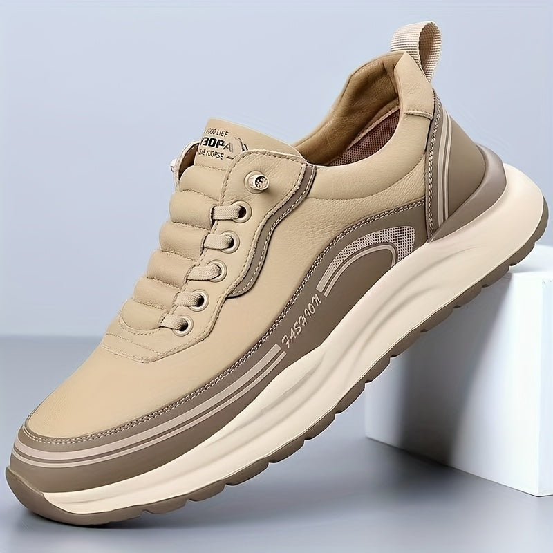 Men's Breathable Lightweight Casual Sneakers - Soft EVA Sole, White & Brown Low-Top Lace-Up Shoes for Casual Attire & Light Running, All-Season Comfort, Sleek Shoe Design, Daily Walking, Minimalist Style, Flexible Sole, Urban