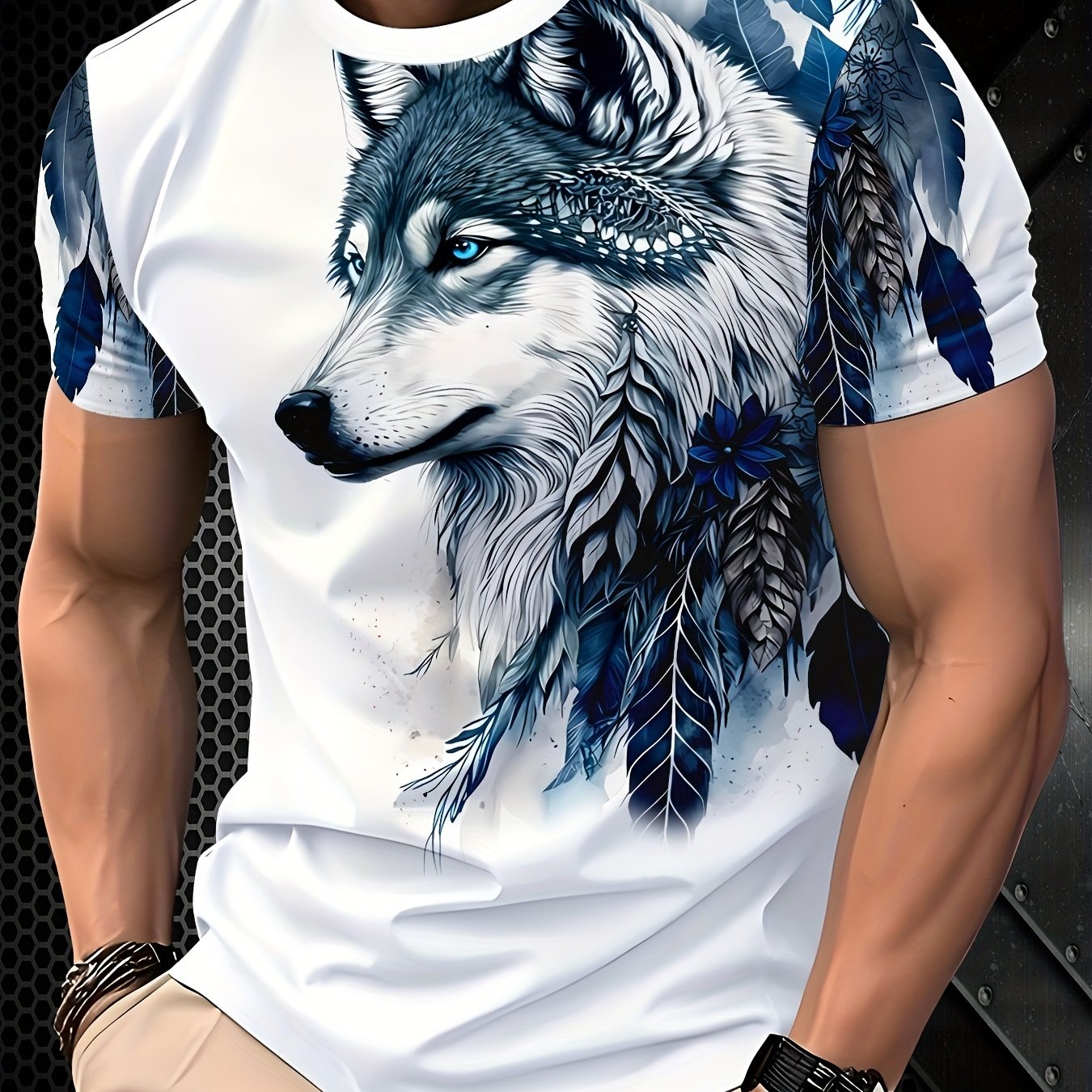 Men's Casual Breathable T-Shirt - White Round Neck Regular Fit, Machine Washable & Durable Digital Print for Outdoor & Casual Attire, Naturethemed Apparel, Wolf Graphic Tee, Comfortable Fabric