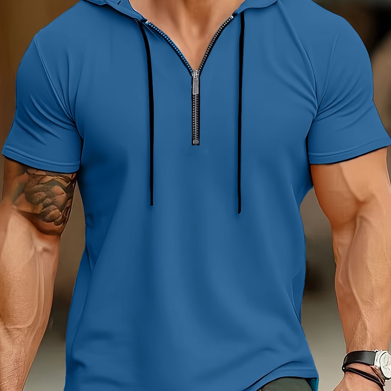1pc Men's Light Blue Casual Hooded Short Sleeve T-Shirt with 1/4 Zipper, Breathable Stretch Fabric for Gym, Outdoor & Summer Wear, Gym Apparel, Stylish Contrast Detailing, Comfortable Fit