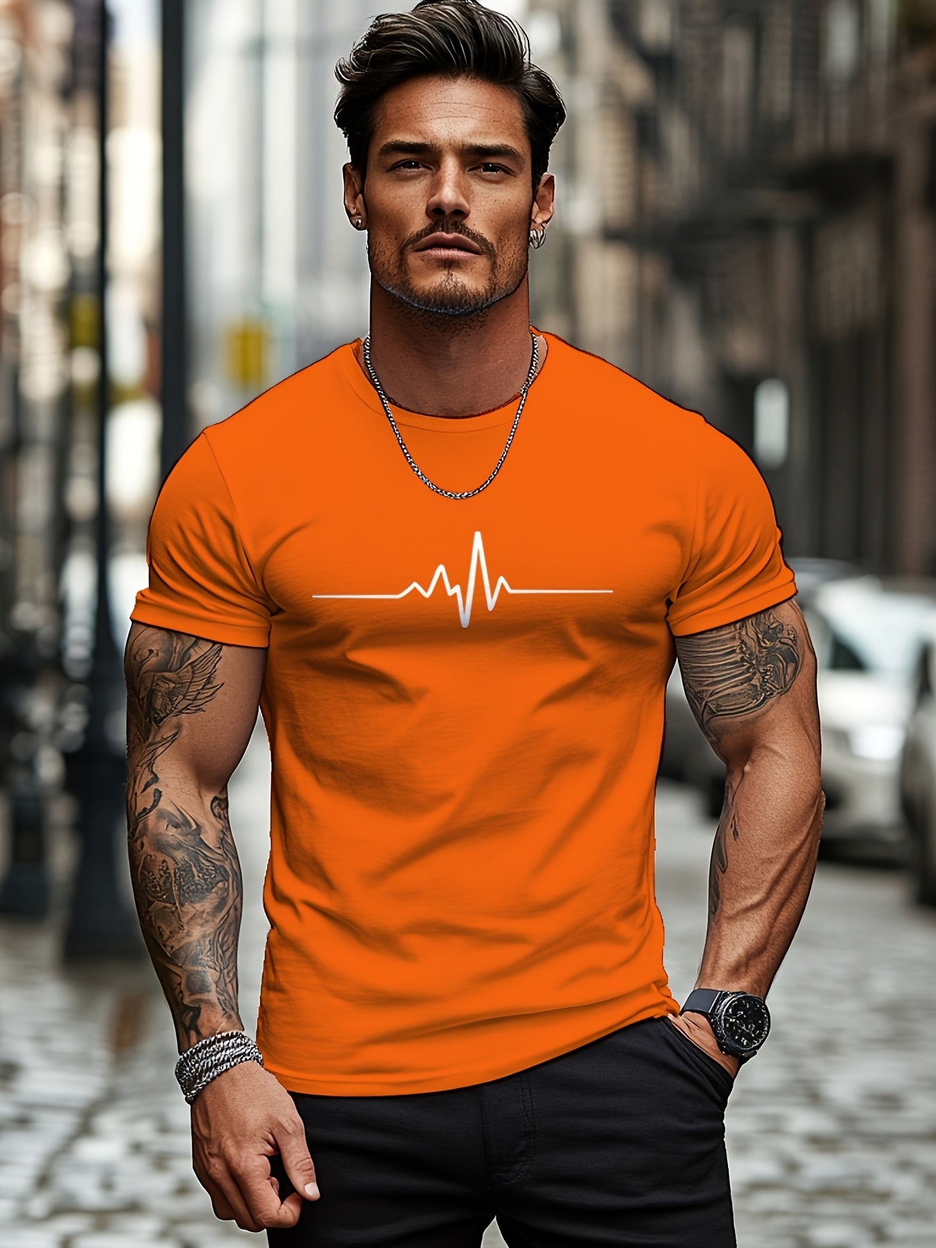 Men'S Brown T-Shirt with ECG Heartbeat Graphic - Casual Streetwear, Short Sleeve, Round Neck, Stretch Fabric, All-Season Comfort, Casual Streetwear Tee | Round Neck Tshirt | Comfortable Fit