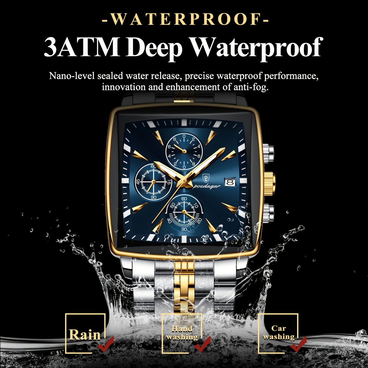 POEDAGAR Men's Stainless Steel Luminous Watch - Blue Dial Chronograph, High Quality Quartz Movement with Date Calendar, Golden-Tone Accents for Business Casual & Casual Attire, Formal Accessory, Stylish Accessory, Refined Cra